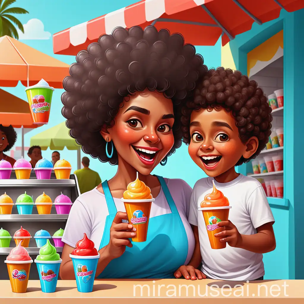 Cheerful AfroCaribbean Grandmother Selling Italian Ice with Caucasian Boy