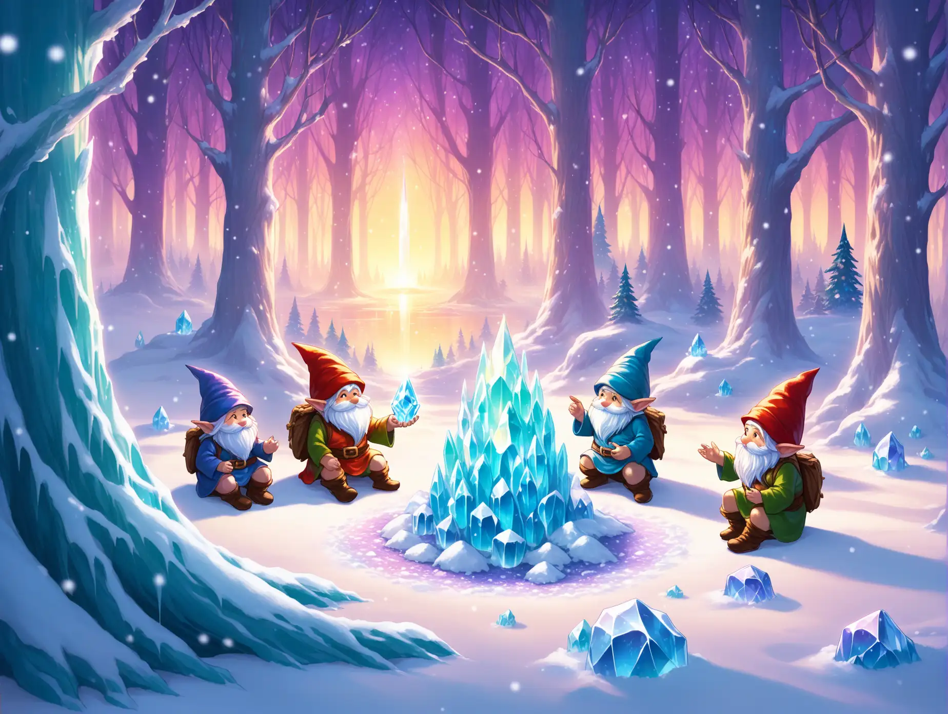 Gnomes-in-a-Snowy-Forest-Collecting-Glowing-Crystals