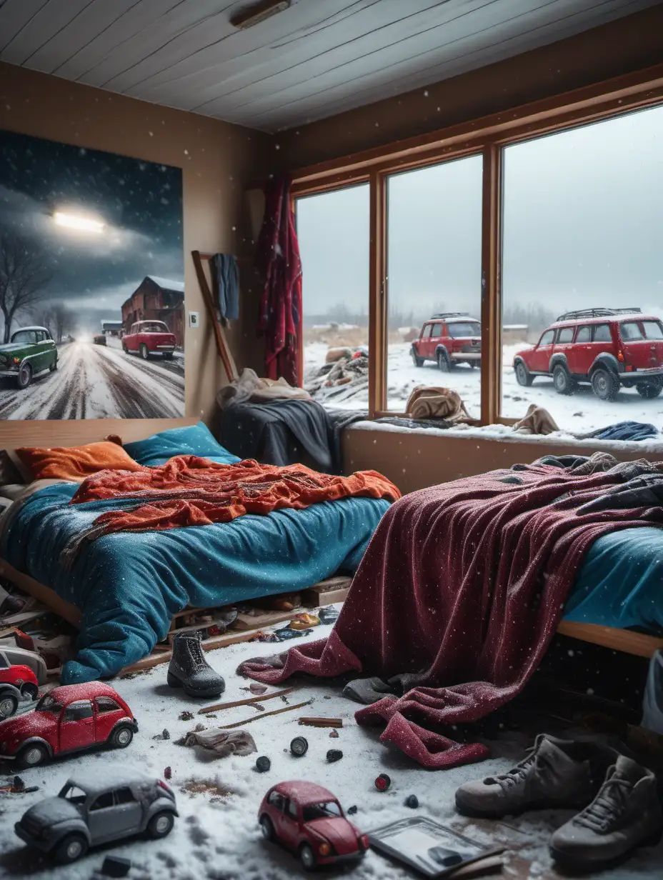 Apocalyptic-Bedroom-with-Snowfall-and-Distant-Vehicles