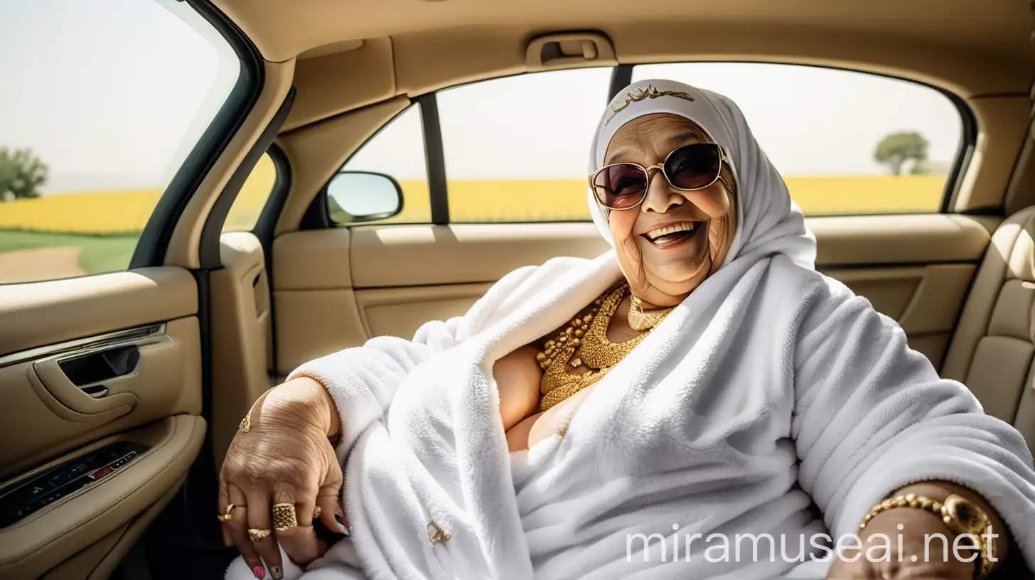 Elegant Senior Muslim Woman in Luxury Car and Farmhouse Setting