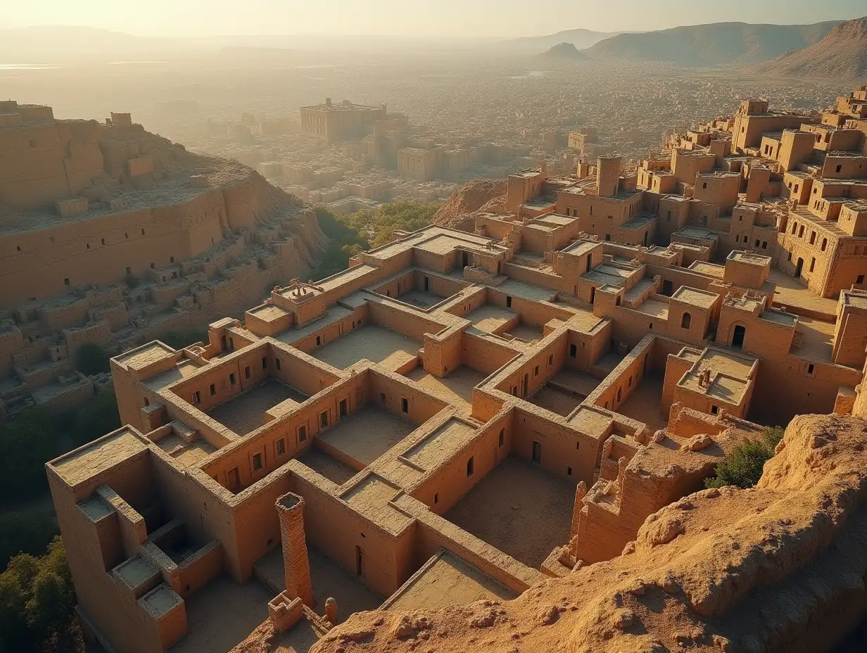 Aerial-View-of-Labyrinthine-Ancient-City-with-High-Buildings-and-Detailed-Reliefs