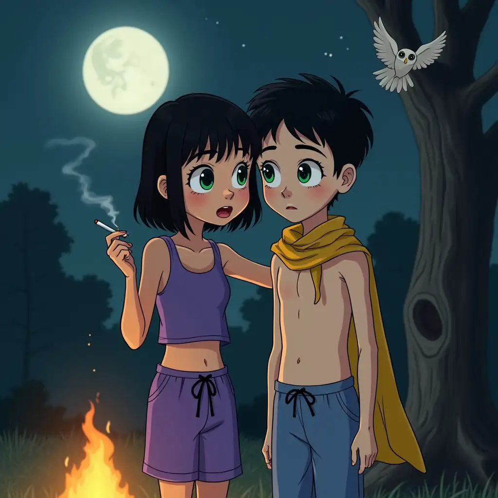 Siblings-Camping-Under-the-Full-Moon-with-Owl-and-Campfire