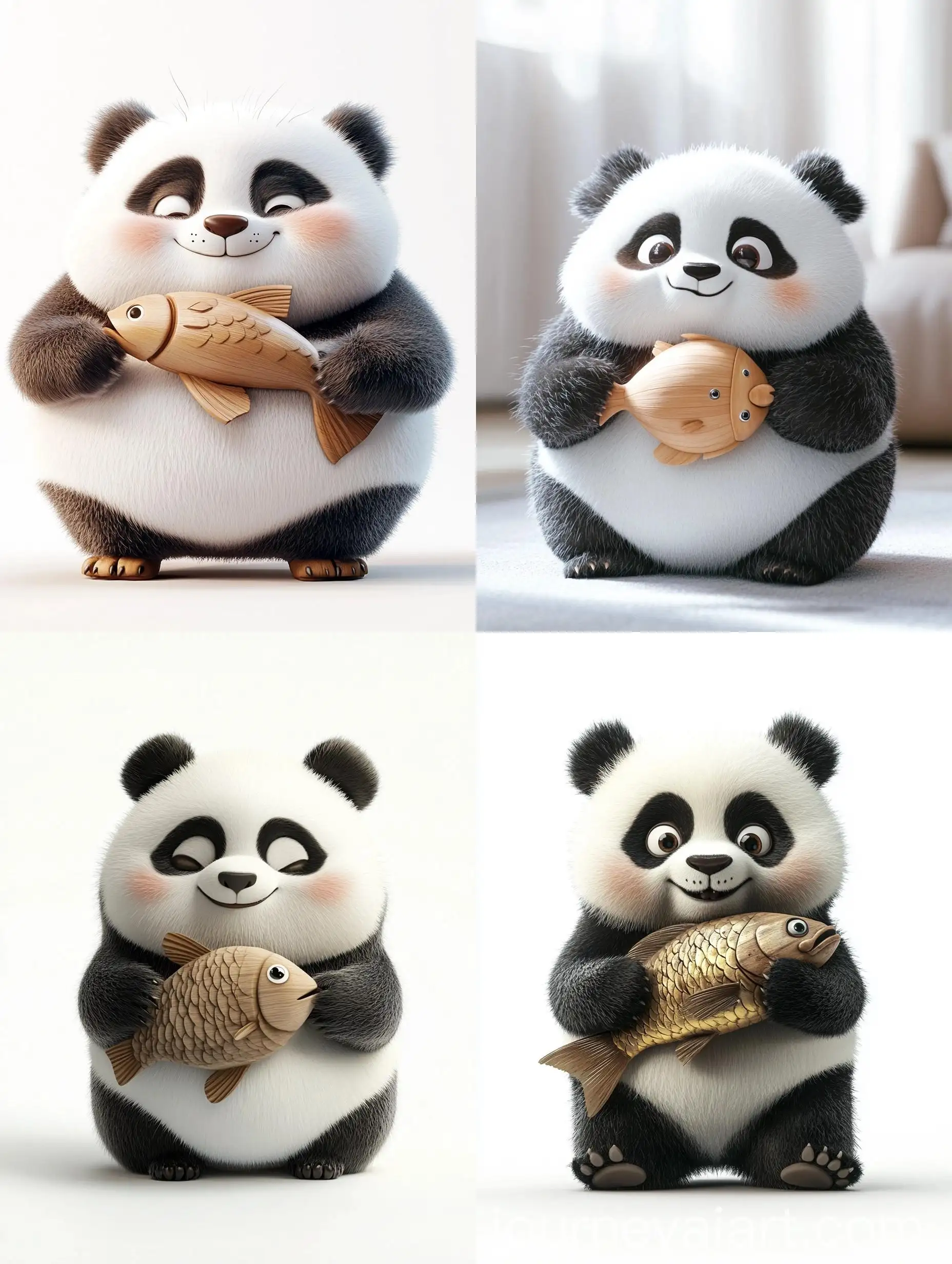 Playful-Cartoon-Panda-Beating-Wooden-Fish-on-White-Background