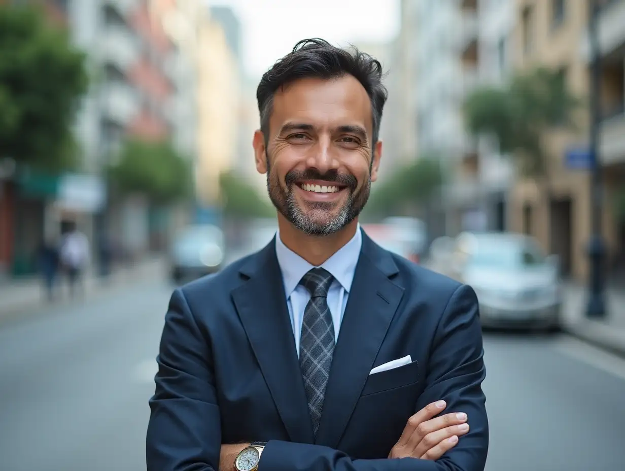 Portrait, smile and businessman with arms crossed in city for work opportunity, travel or job pride outdoor. Face, suit and confident corporate expert, entrepreneur or professional salesman in India