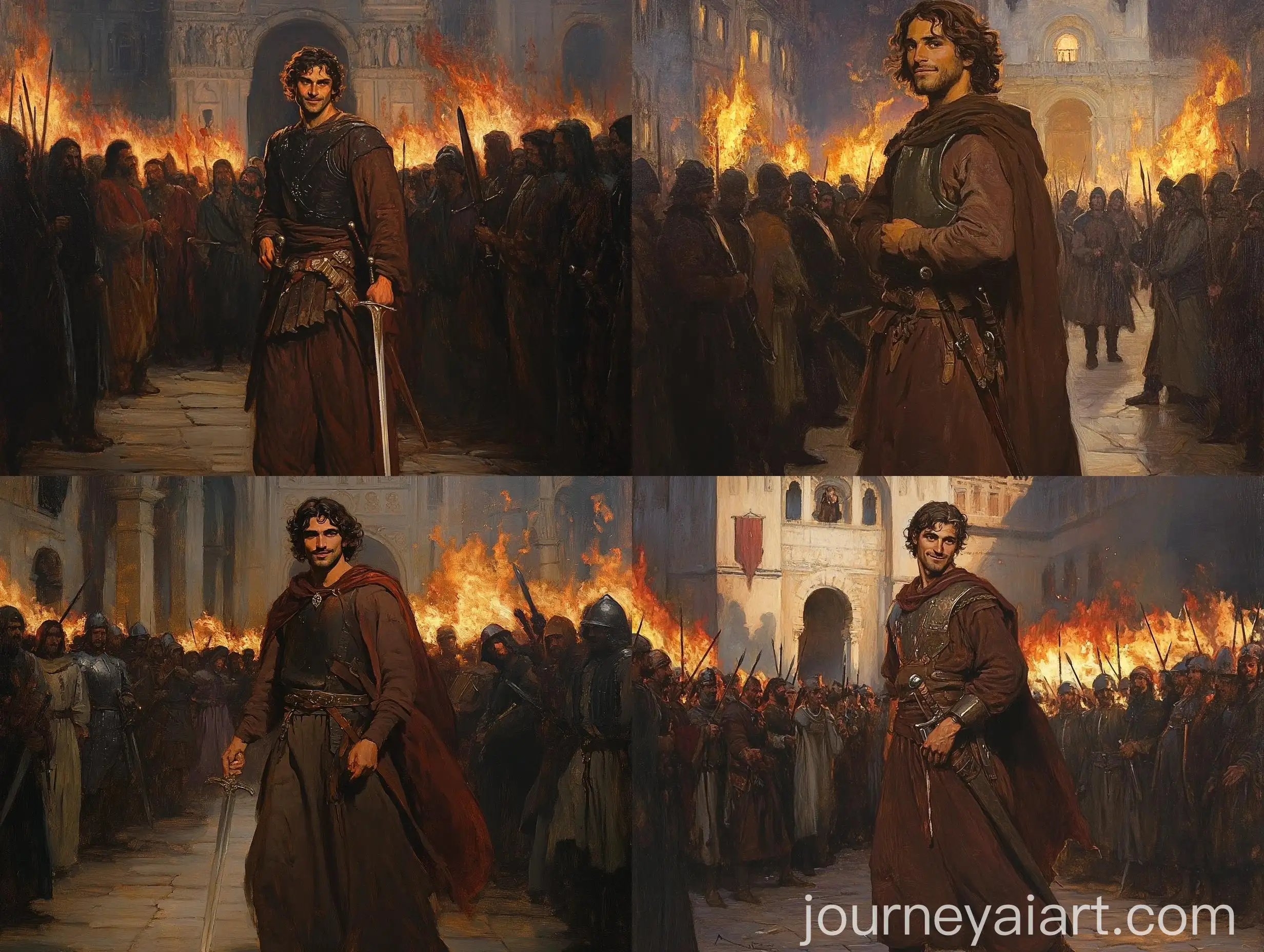 Warrior-Spaniard-in-Front-of-Burning-Temple-at-Dusk