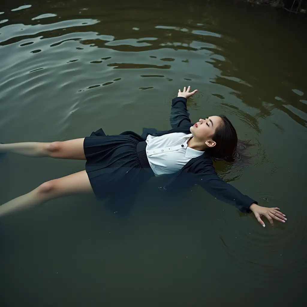 A young schoolgirl in a school uniform, skirt, jacket, blouse, dark tights, high-heeled shoes. She is swimming in a dirty pond, lying underwater, with water up to her neck, the whole body under water, immersed in water, under the water surface, completely wet clothes, wet clothes soaked through, no dry spots on clothes, wet clothes stick to the body.