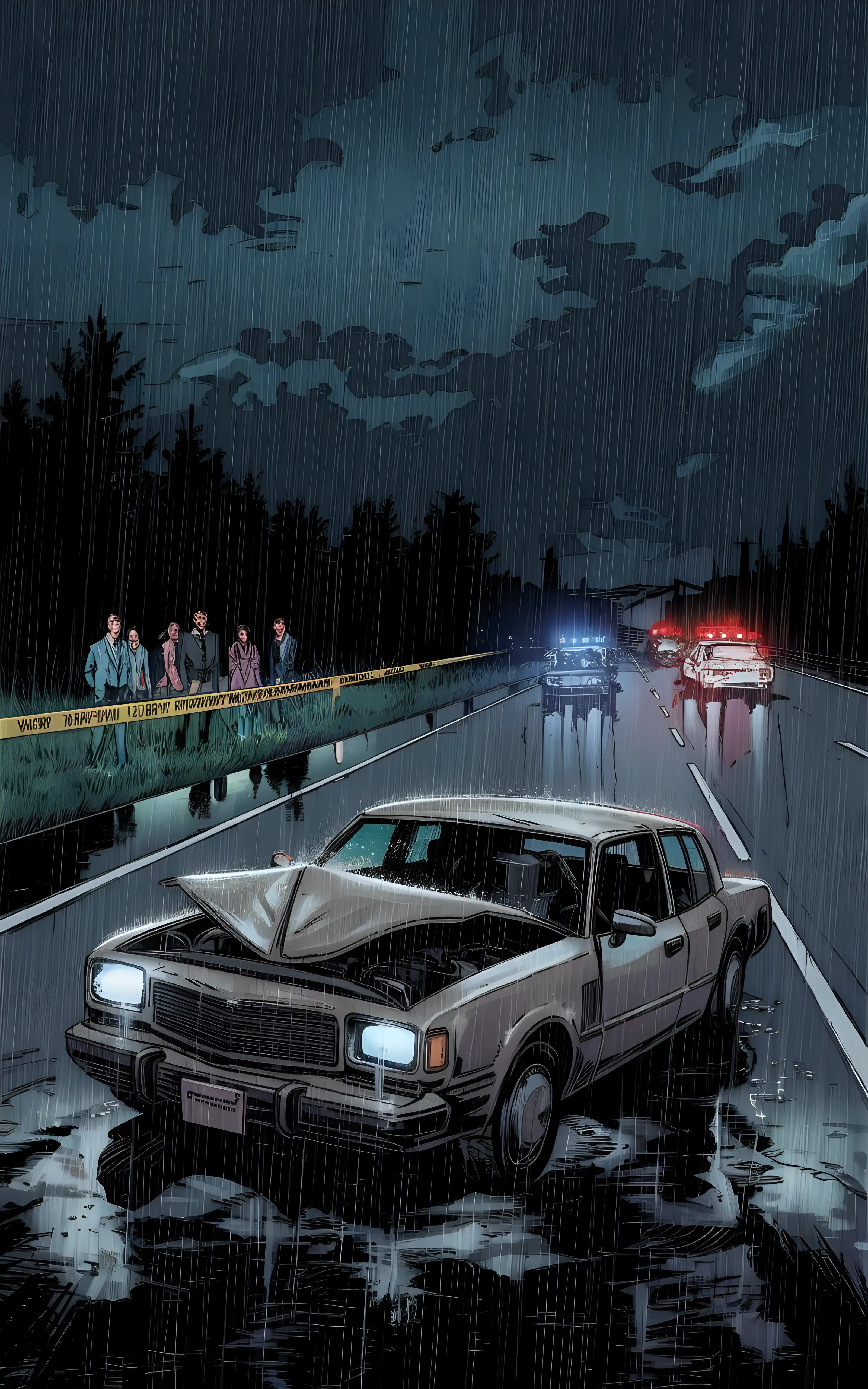 Dark Night Crime Scene with Police Cars and Rain