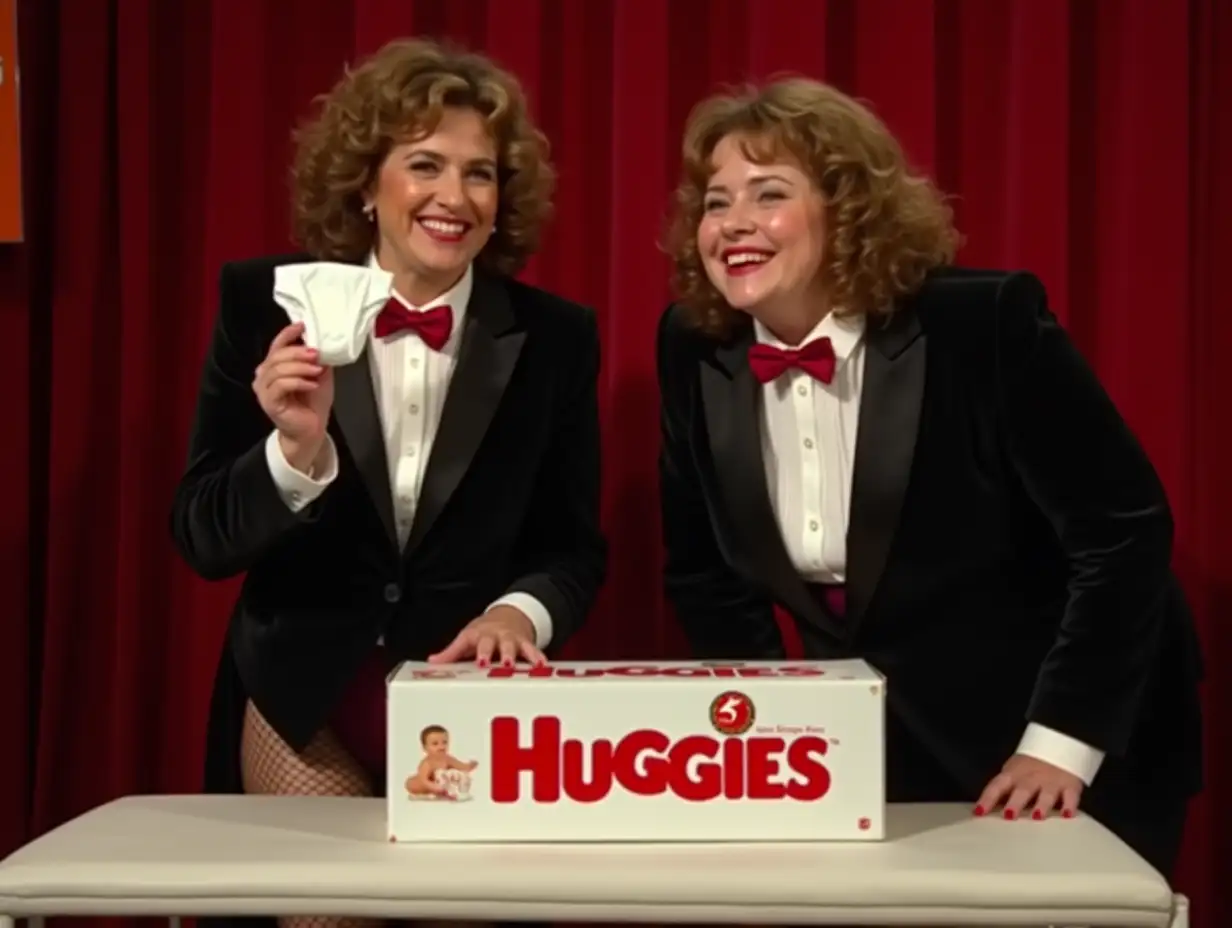 Plump-Caucasian-Women-in-Orchestra-Tuxedo-at-Diaper-Derby-with-Huggies-Diaper