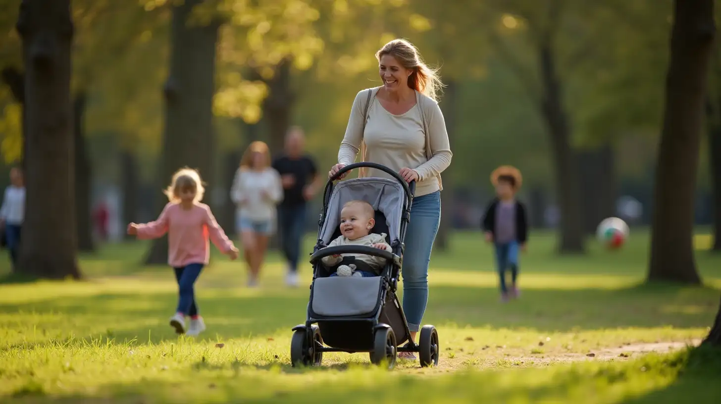 Happy Mother Walking in Park with Baby and Stroller