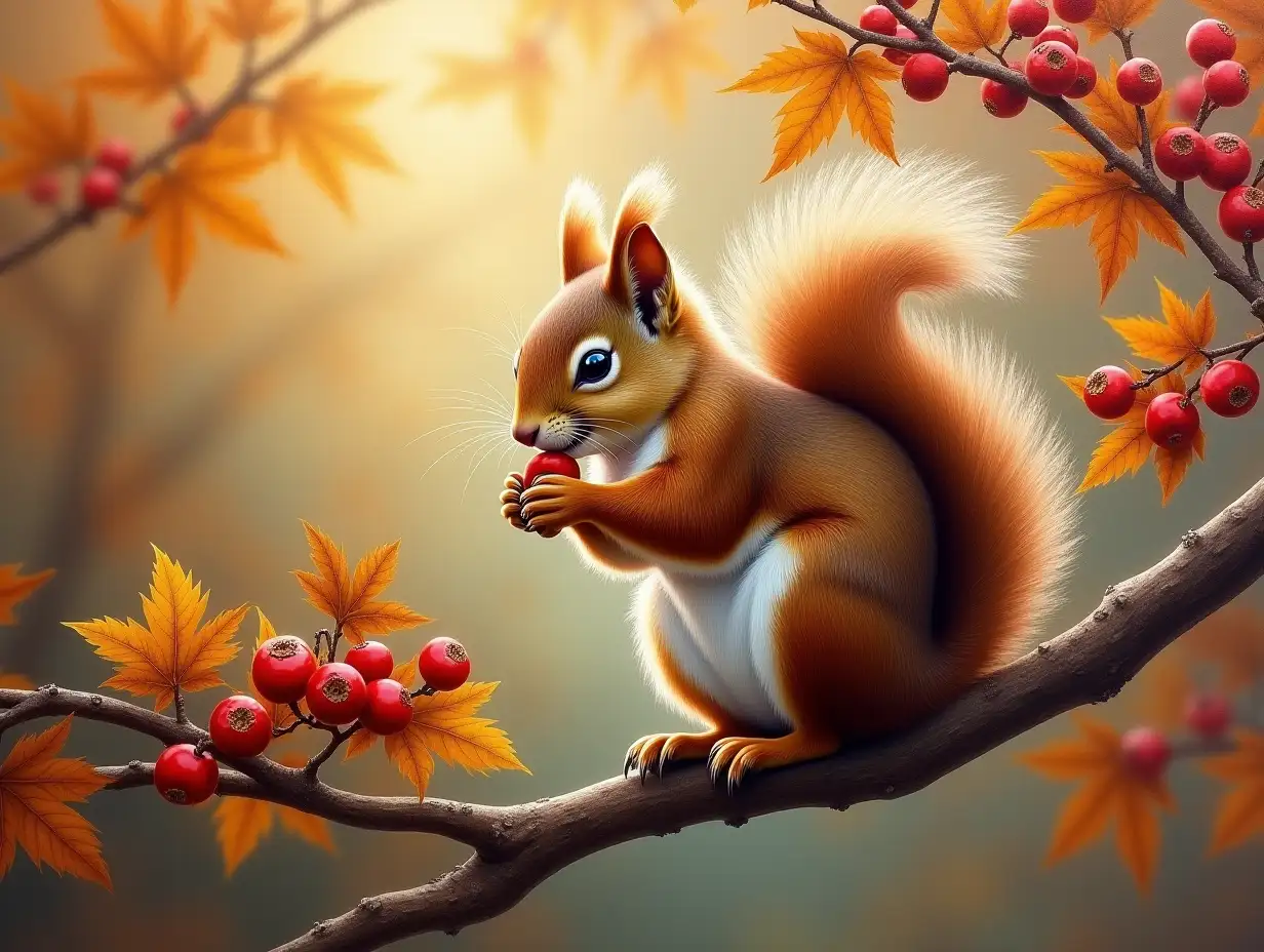 masterpiece of oil painting. naturalism. figurativism. fluffy autumn squirrel on a branch harvesting autumn berries. soft morning light through foliage. morning mist. masterpiece of world painting. fine details. visibles brushstrokes. noticeable canvas. premium painting