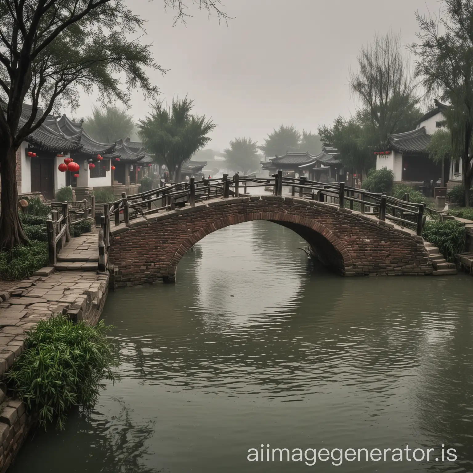 Tranquil-Scene-of-Jiangnan-Water-Village-with-Small-Bridge-Under-Stormy-Skies