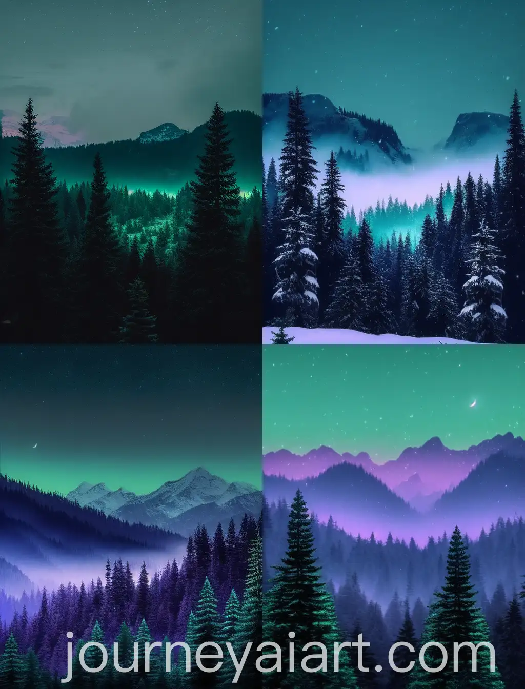 Misty-Green-Spruce-Forest-with-Snowy-Mountain-Backdrop