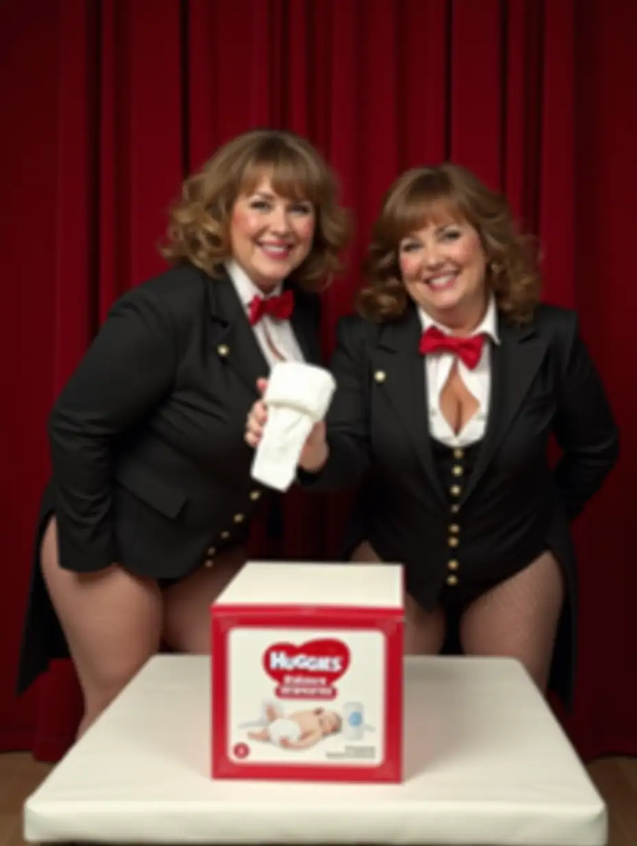 Plump-Caucasian-Woman-in-Formal-Tuxedo-Holding-Diaper-on-Stage-with-Red-Curtain-Backdrop