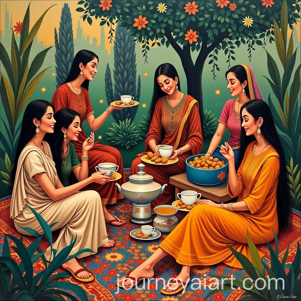 South-Asian-Women-Relaxing-and-Enjoying-Tea-in-a-Vibrant-Lawn-in-Sadequain-Style