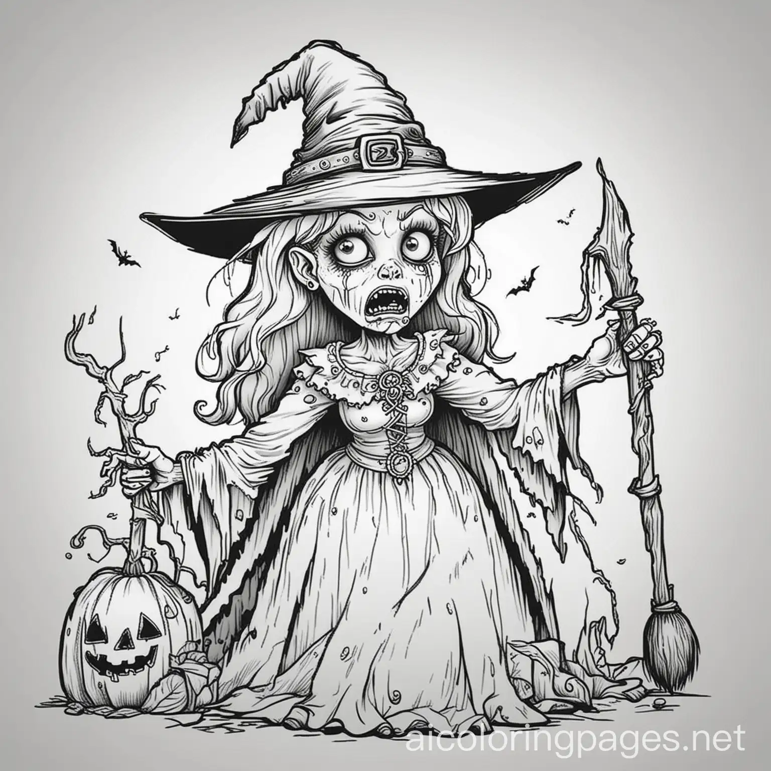 Halloween-Coloring-Page-Ugly-Zombie-Witch-in-Black-and-White