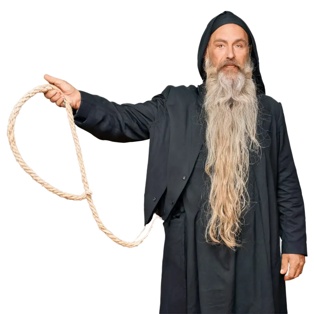 an old testament prophet with a long beard holding a piece of rope in his right hand that falls to the floor