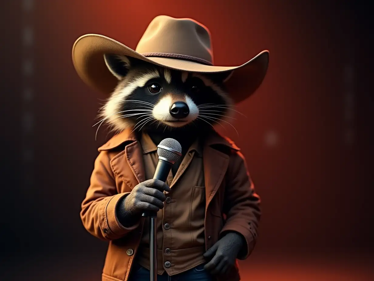 the raccoon is standing on stage with a microphone, he is dressed in clothes of a Texas cowboy, realistic, special effects will improve the overall impression