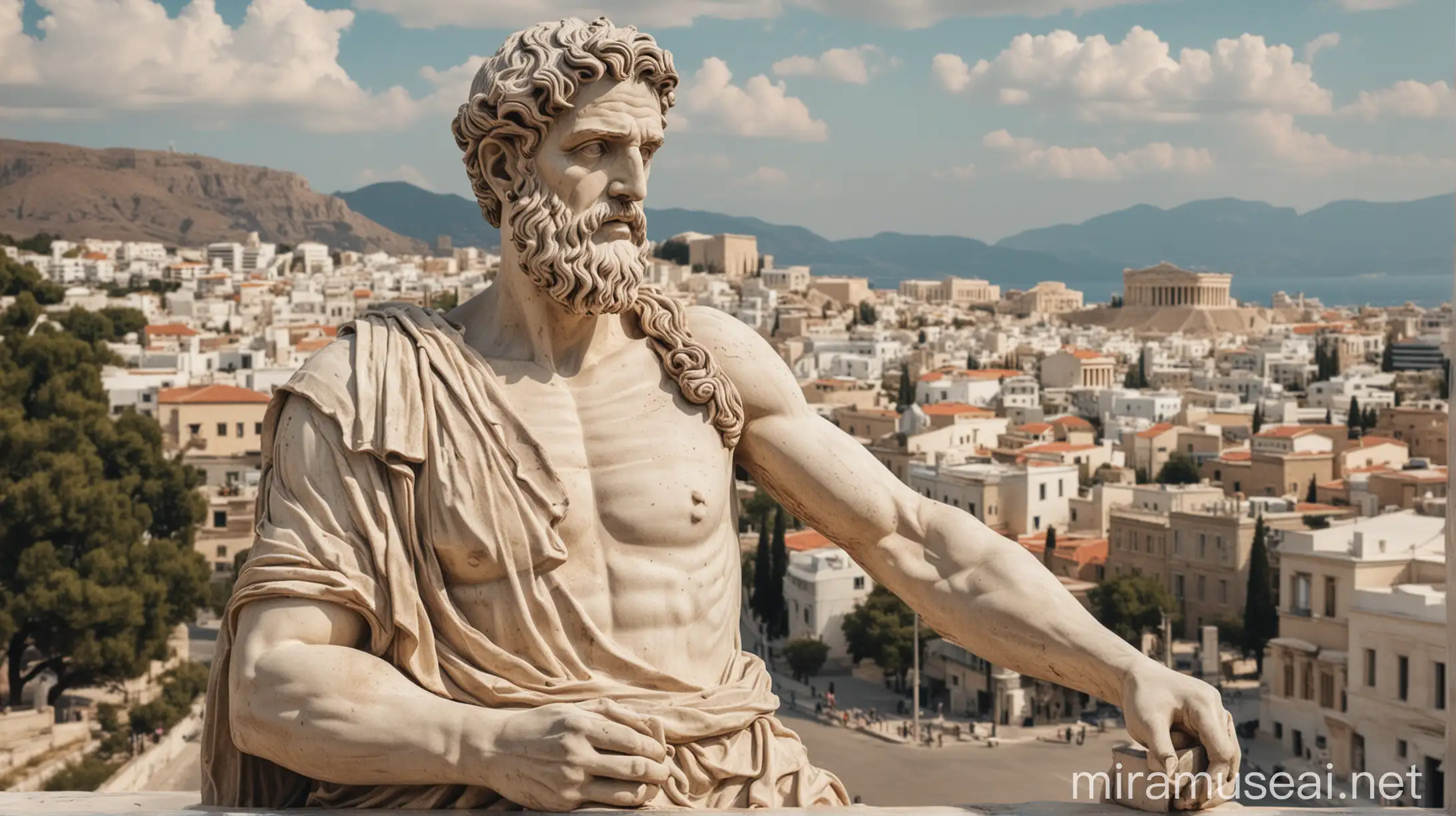 Ancient Greek Writer Statue in Cityscape