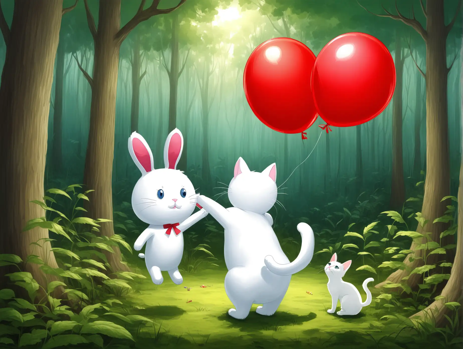 Clara the White Cat and Benny the Bunny Inflating a Red Balloon in the Forest