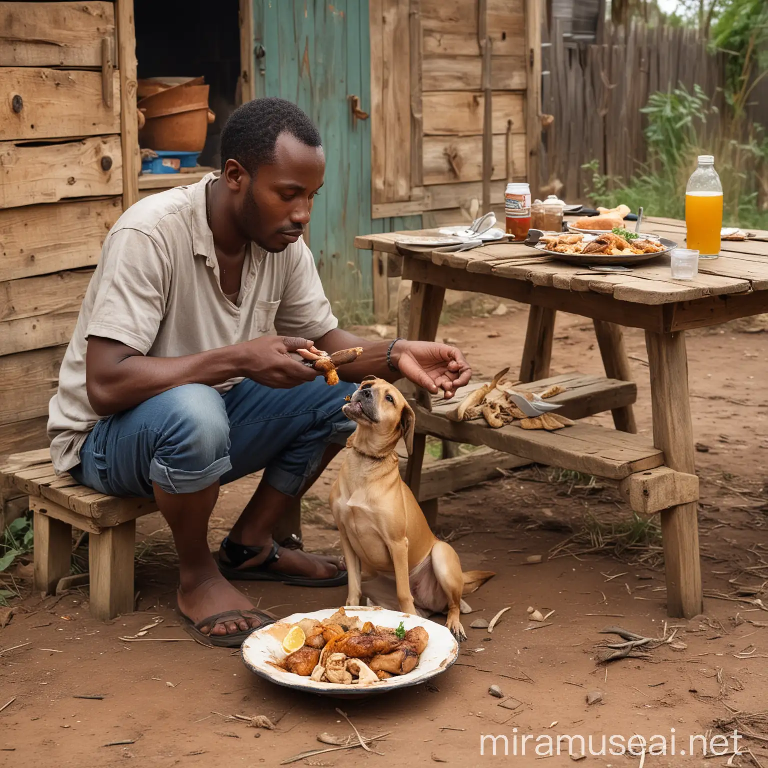 African Man Feeding Stray Dog Cooked Chicken Leg in Shack