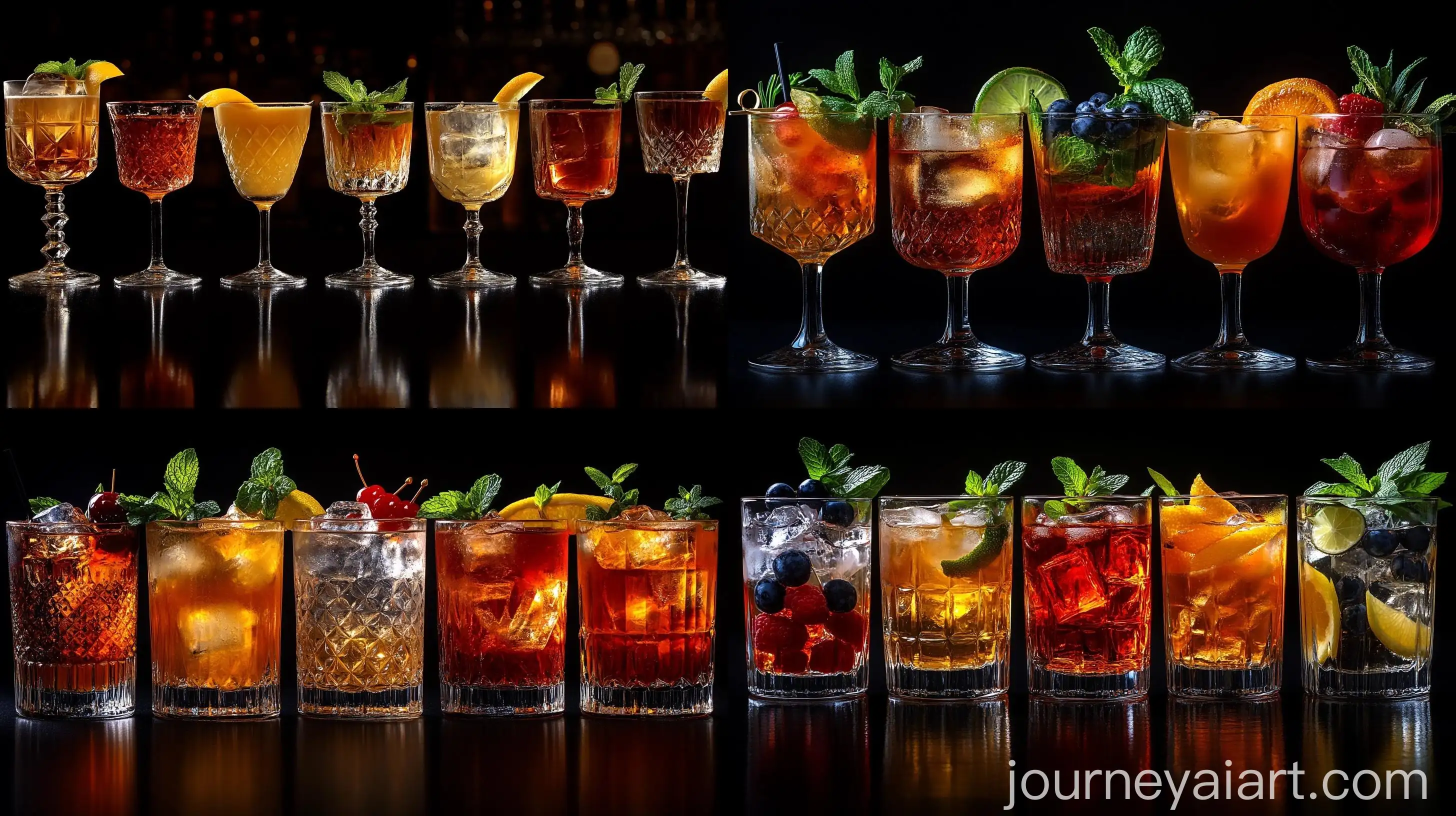 Assortment-of-Colorful-Cocktails-on-Black-Background
