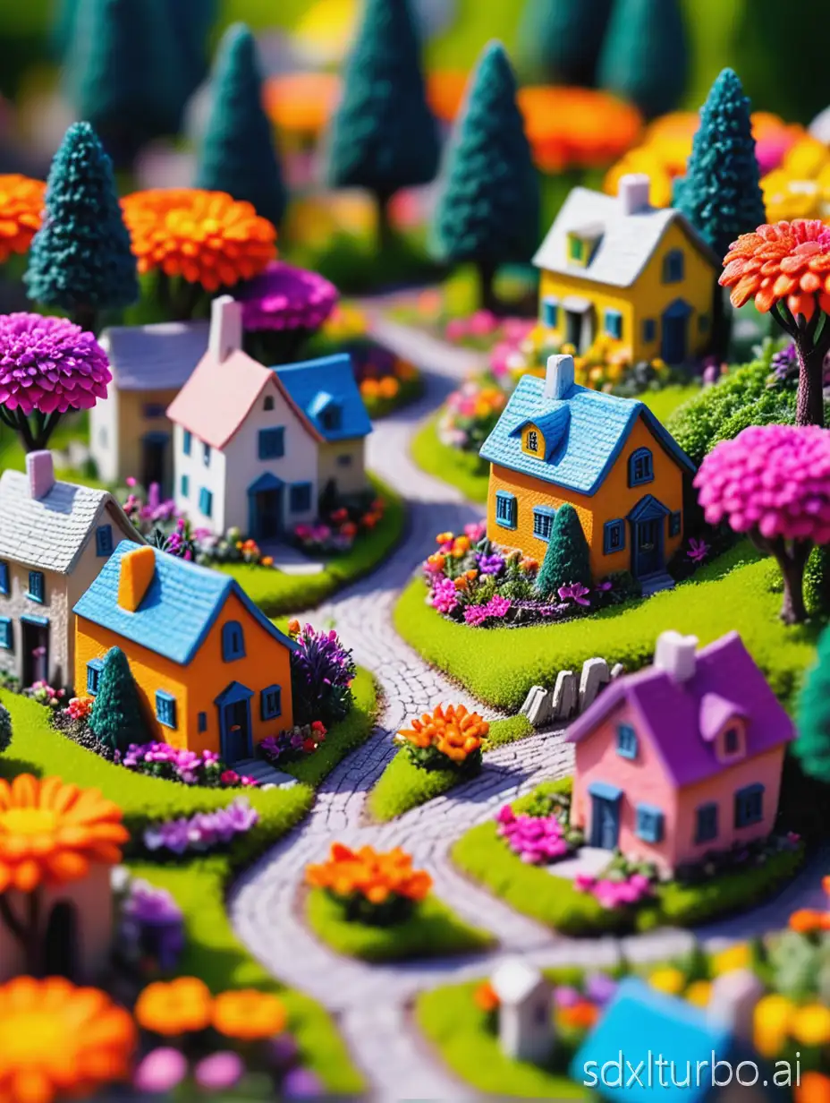 Macro shooting of a miniature village located in the middle of a flower, trees. All in bright colors.