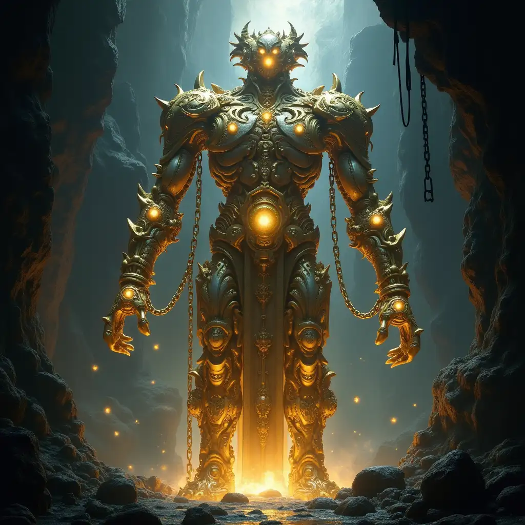 Ancient-Humanoid-Construct-Bound-by-Glowing-Chains-in-Mystical-Cavern