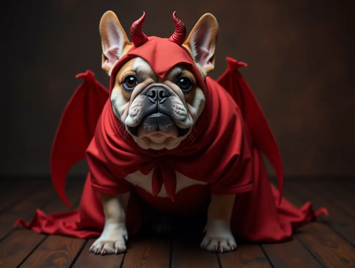 english bulldog dressed up as a devil