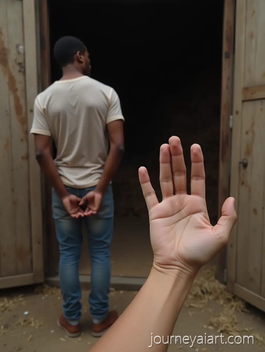 DarkSkinned-Man-with-White-TShirt-and-Young-Girl-Showing-Four-Fingers-in-Tehran-Yard-Near-Barn-Door-with-Hay