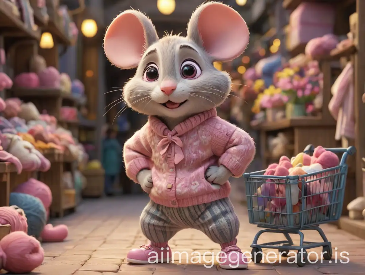 Cute-Gray-Mouse-in-Pink-Sweater-andAI-Image-Expansion-Striped-Pants-at-Flower-Market