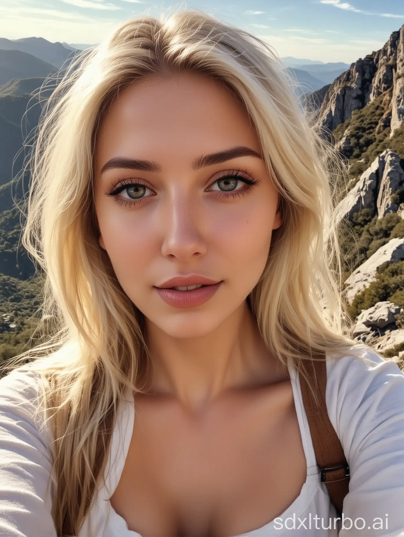 Hermosa chica rubia de piel blanca taking a selfie on a mountain, realistic, with proportioned and perfect features