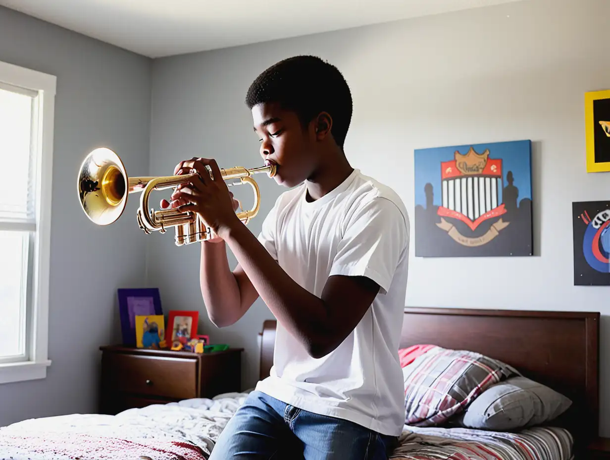 High School Trumpeter Mastering Solos in Cozy Bedroom