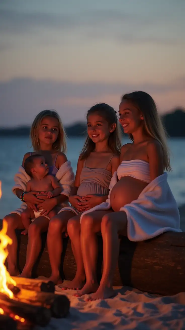 3 petite young girls, one holding a 9-month-old infant, sitting on a log around a bonfire on the beach at twilight. each girl is wearing a towel on their shoulders, daisy dukes, and a strapless crop top over a pregnant belly.