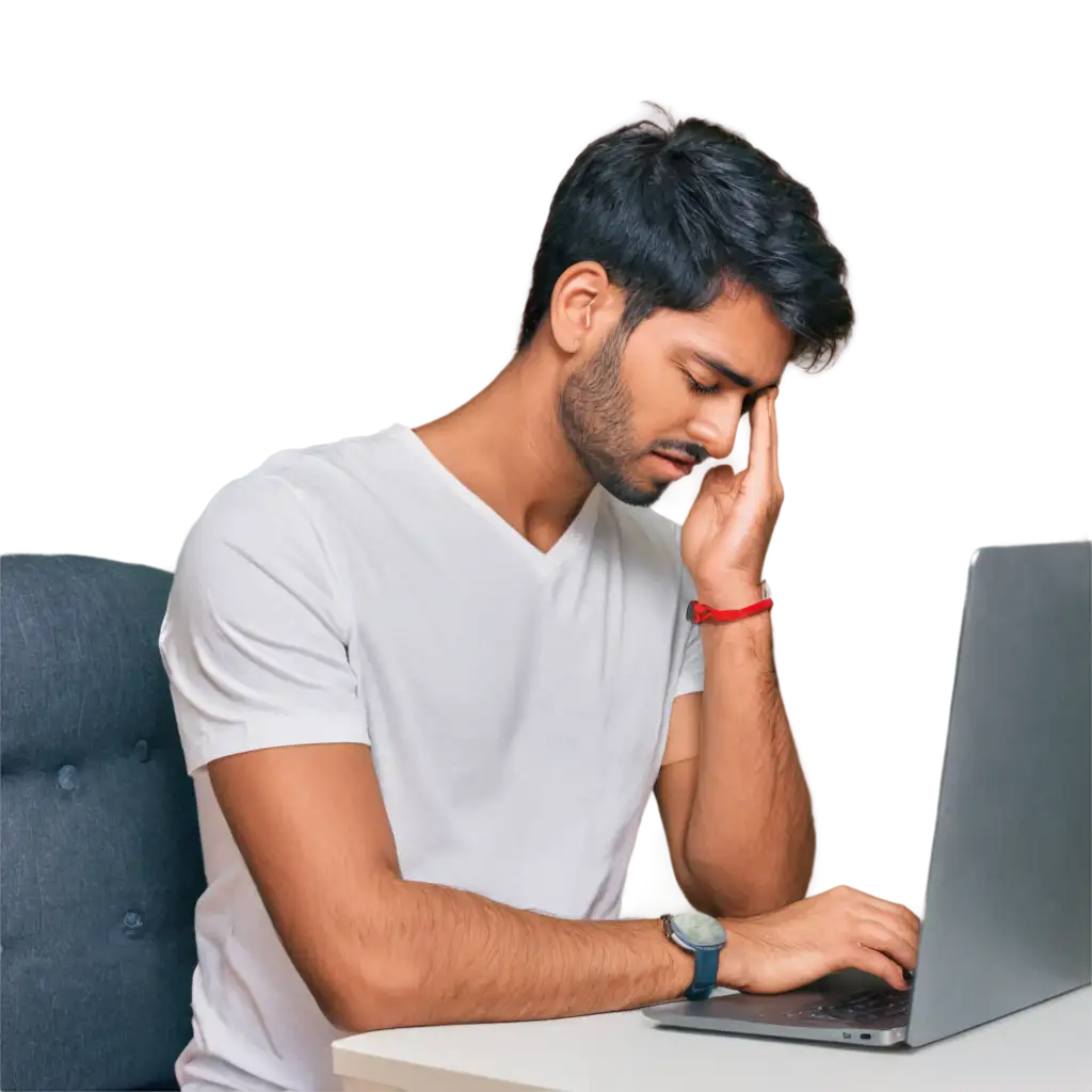 HighQuality-PNG-Image-of-Indian-30YearOld-Man-in-VNeck-TShirt-Working-on-Laptop-with-Neck-Pain