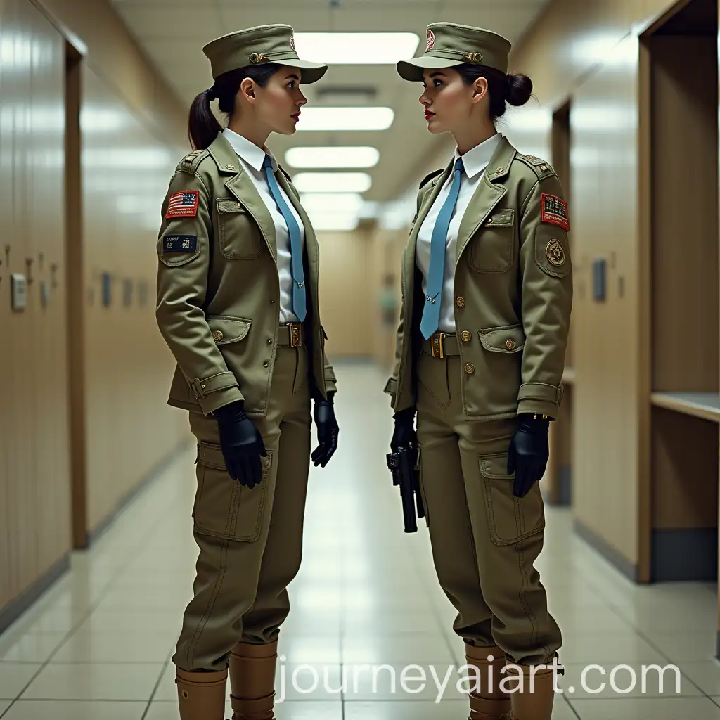 Two-Young-Russian-Military-Women-in-Camouflage-Uniforms-in-Locker-Room