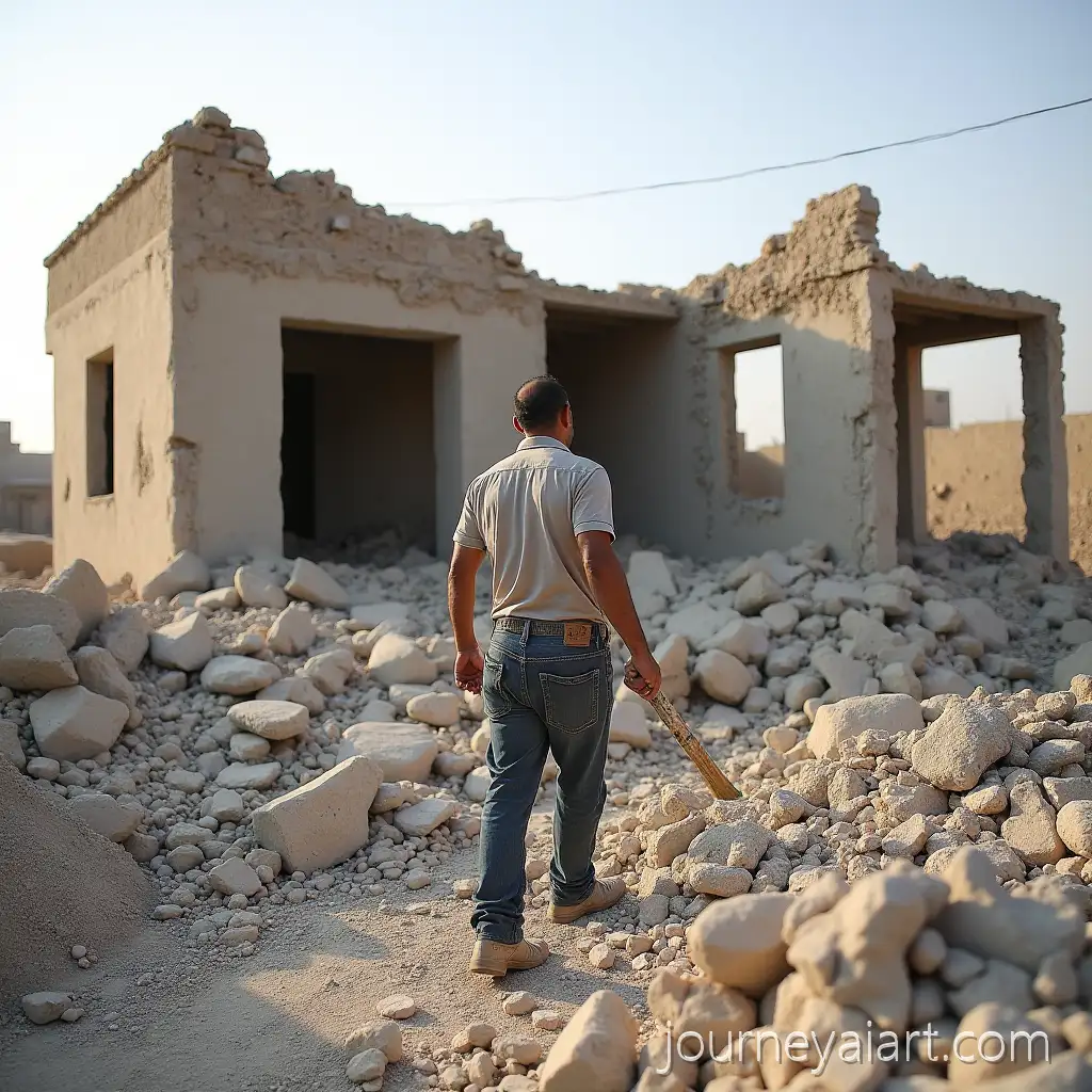 Palestinian-Man-Clearing-Rubble-from-PartPalestinian-removing-rubbleially-Destroyed-House-in-Gaza