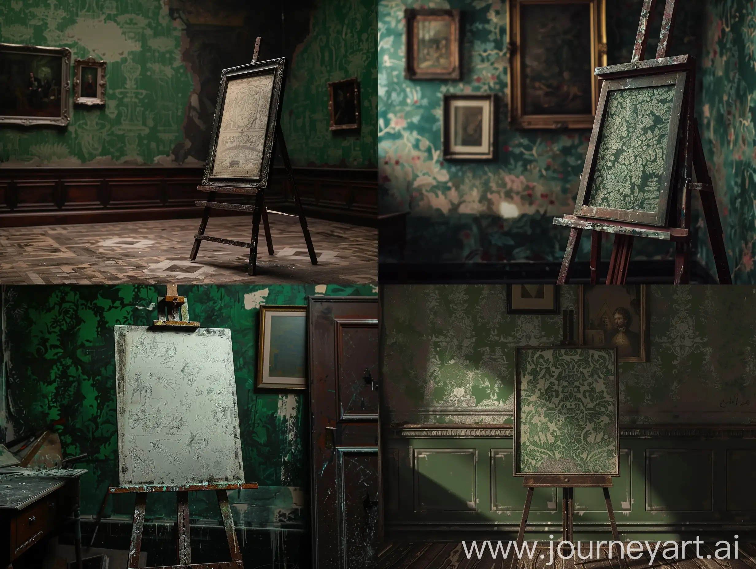 Dark-Wood-Easel-on-Green-Wallpaper-with-Abstract-Drawings