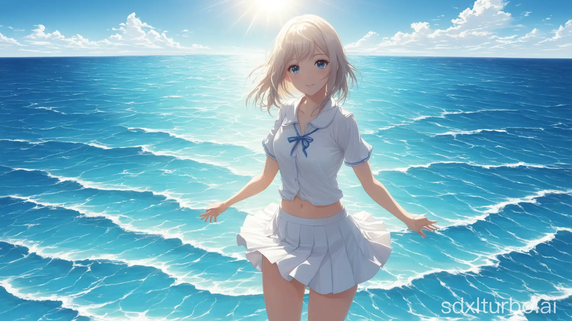 Girl-in-White-Skirt-by-the-Large-Blue-Sea-Under-Sunshine