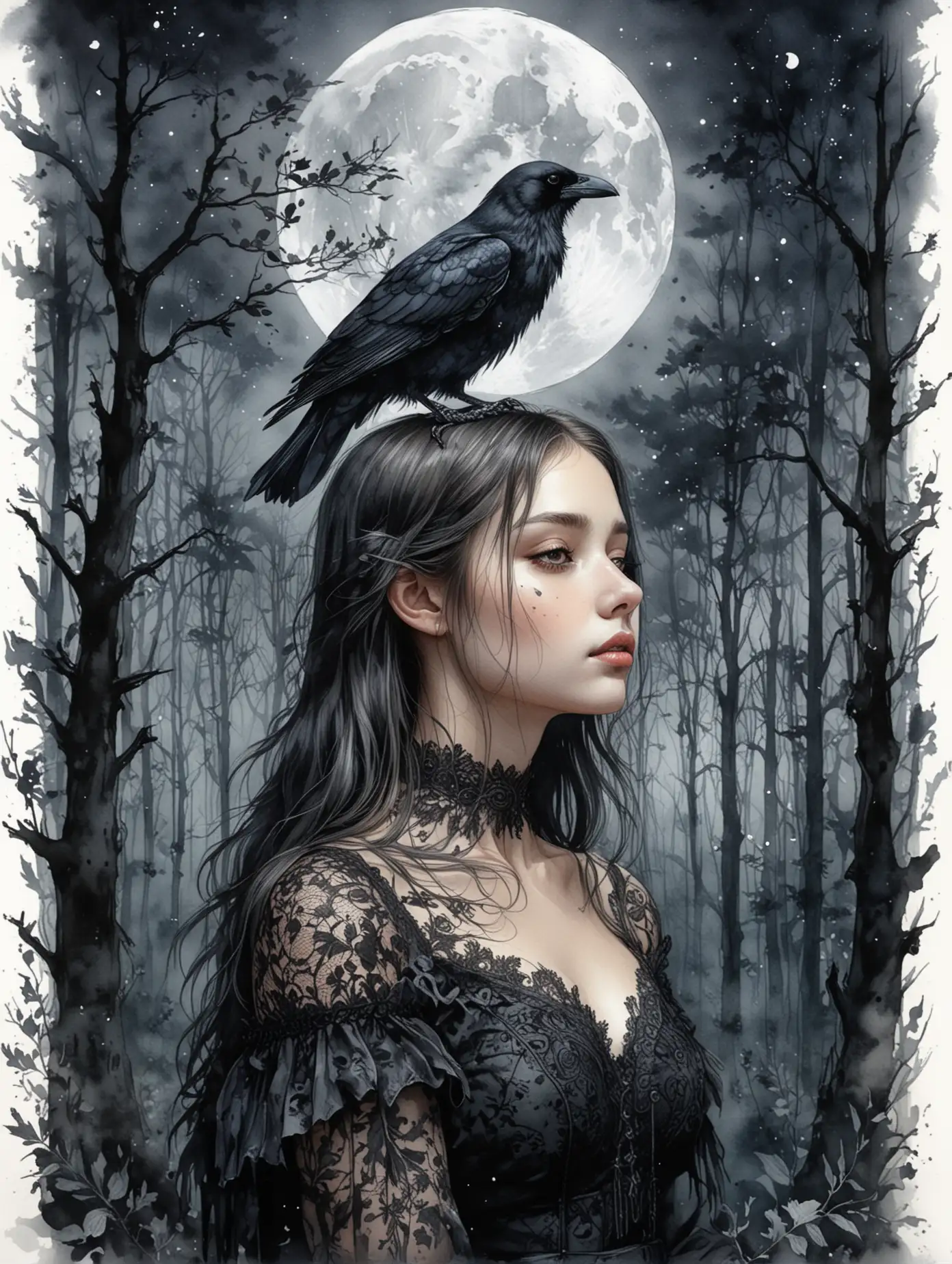 a girl in a black lace dress, a crow sits on her shoulder, around dark forest, moon, watercolor drawing, detailed drawing, high quality