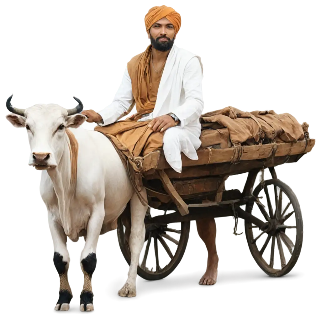 Indian-Farmer-Riding-Bullock-Cart-with-Two-Bulls-PNG-Image-Featuring-Dhoti-Kurta-and-Turban