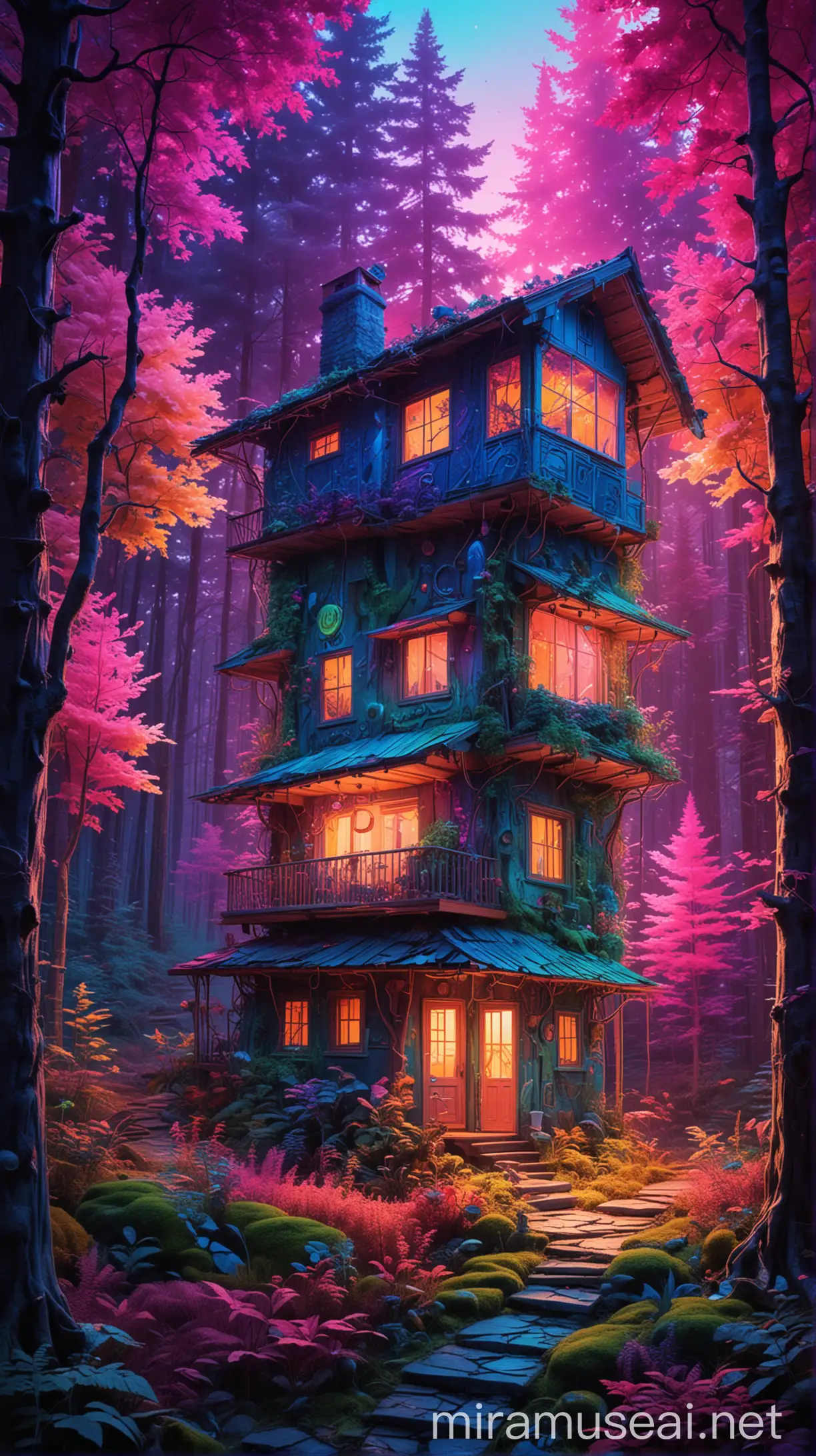 Enchanted Forest Cottage with Vibrant Neon Colors