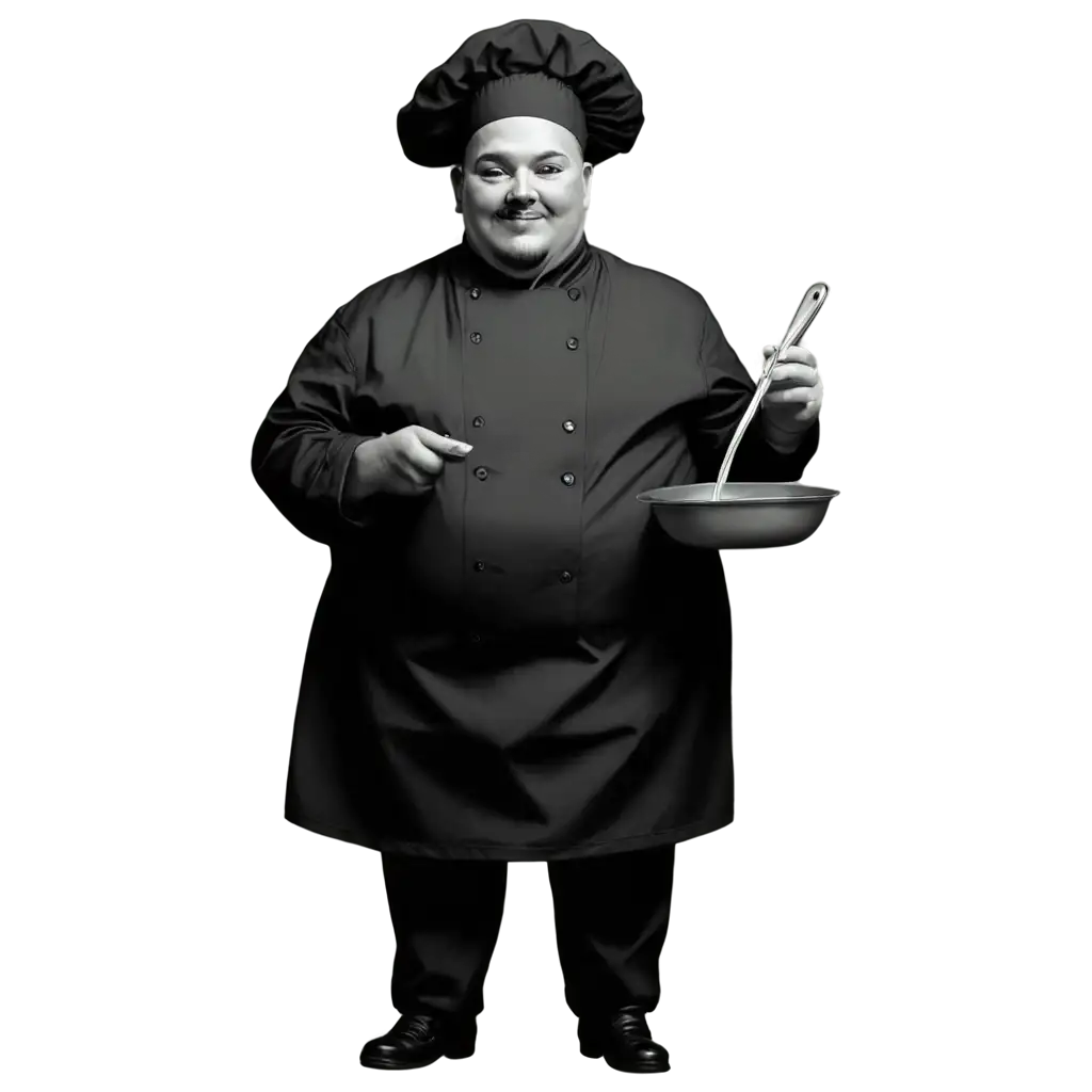 Create a drawing all black picture of fat chef holding a pan, make a picture full black no human colors