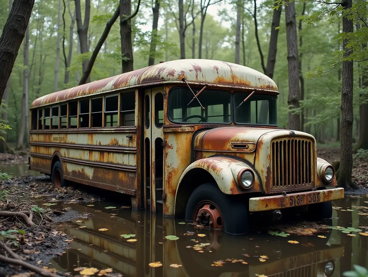 rusty abandoned bus in a swamp