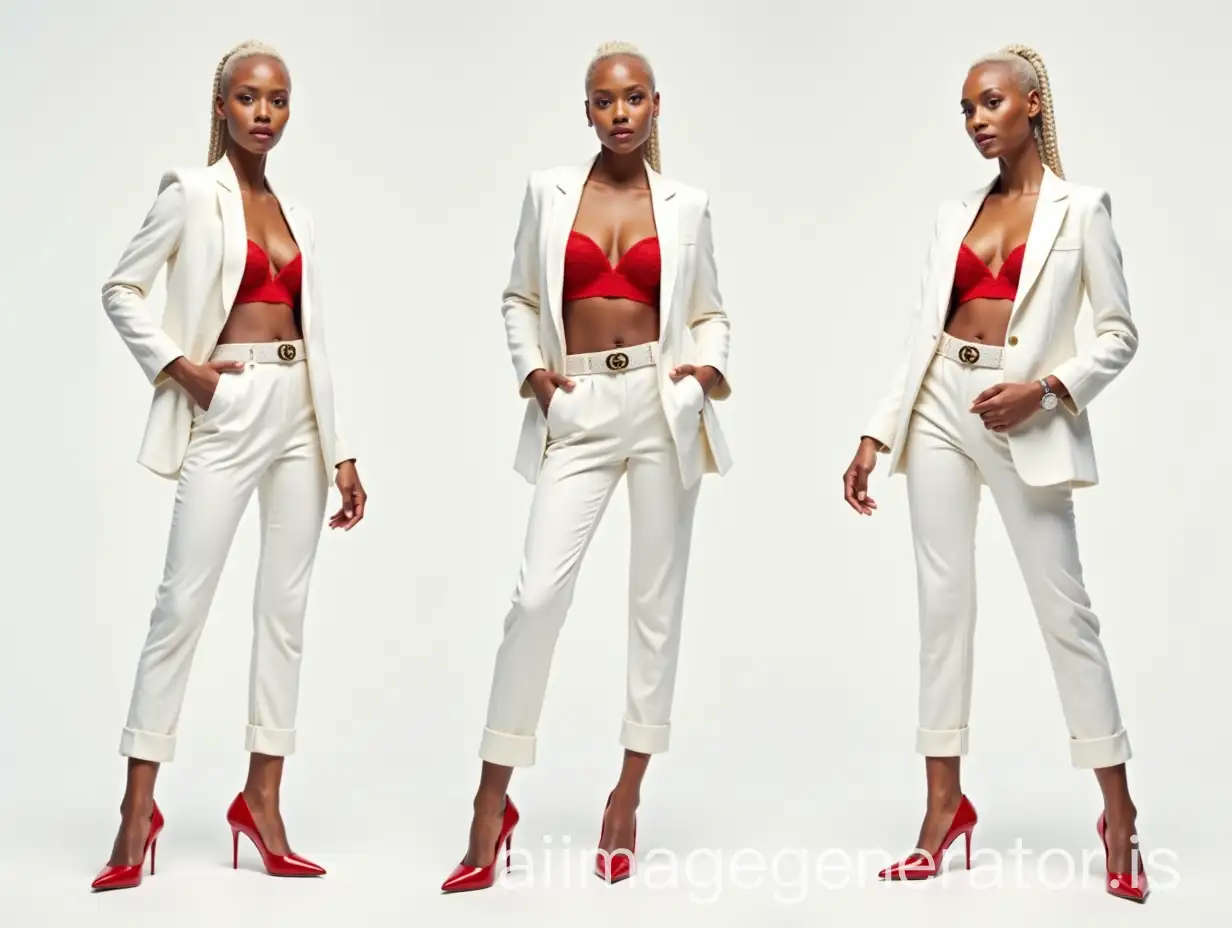 Tattoed woman standing confidently in three poses. She wears a white tuxedo jacket with sharp lapels, a crisp red lace bra top with padding, and tailored white pants rolled at the ankles with a diamond encrusted belt. The look is completed with red high heels shoes cream gucci purse and watch. Side-shaved long platinum-blonde braided hairstyle. Plain background