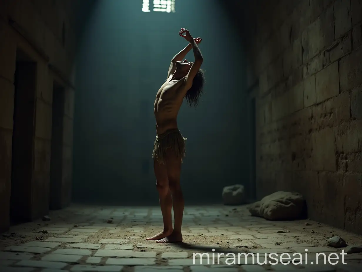 A low angle, full body shot of an extremely lean, handsome young man, about 18 years old, standing barefoot on his toes on a cold, dirty stone floor in a dimly lit, wide ancient vault. His body is positioned to the left, showing his right side, his head bowed humbly, gazing at the floor, his long, tousled hair unkempt. His slender, delicate frame glistens with sweat. He wears a ragged, torn and ripped loincloth, thin with age, barely covering his dirty body. His expression is desperate, begging and fearful, accentuating his vulnerability. He stretches his arms out, above his head, as much as possible crossing his wrists high up in the air. His lean body maximally stretched out. The damp prison walls, thick with dust, dirt, and cobwebs, heighten the oppressive atmosphere. Faint light filters through a small grated window, casting dramatic shadows across the scene. The dramatic interplay of light and shadow focuses on extreme realism, capturing the suffering of the young man and the harshness of his environment, with vivid colors and meticulous attention to every agonizing detail. Shot with a Nikon Z7 II, 50mm f/1.4 lens, shallow depth of field.