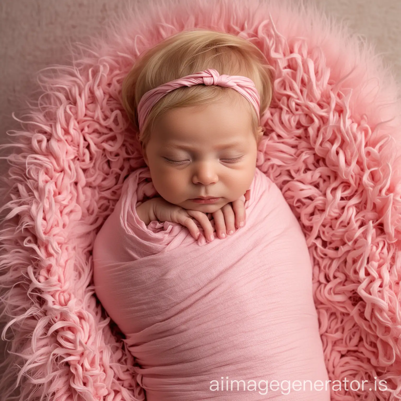 Newborn Baby Girl with long blonde hair Wrapped in Pink Blanket no hands