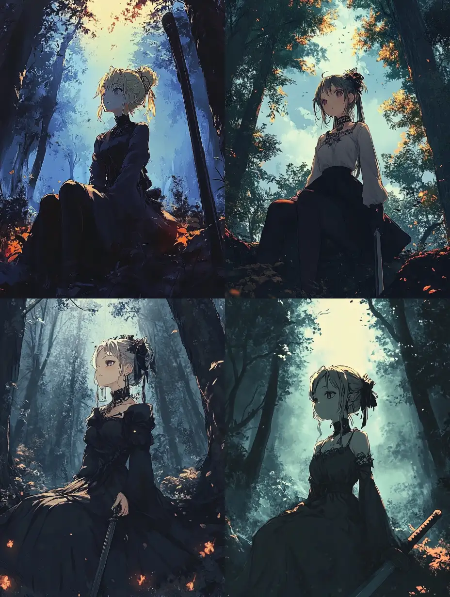 Gothic-Female-Character-in-Forest-with-Beautiful-Sky-1990s-Dark-Anime-Style