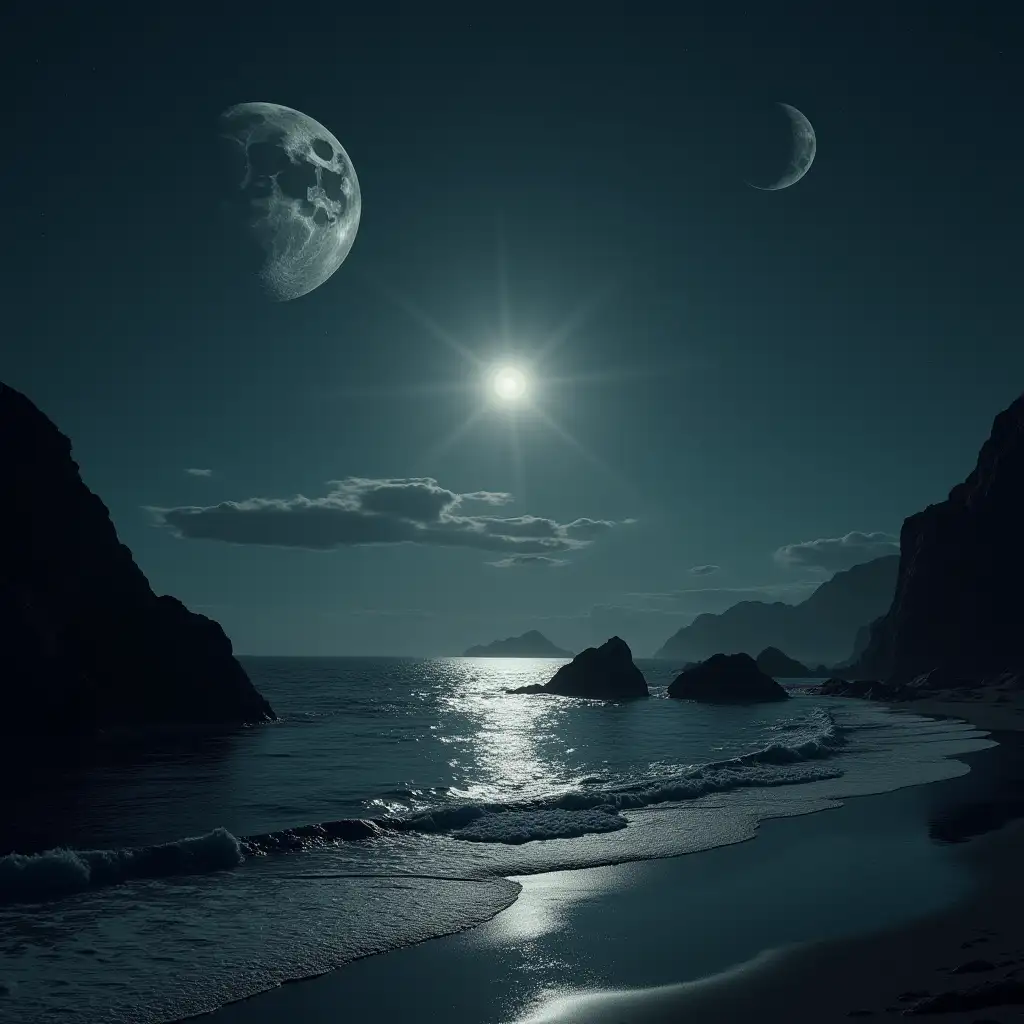 dark landscape of an alien world looking from a beach towards and ocean with islands with surreal surroundings, two moons, and a few clouds
