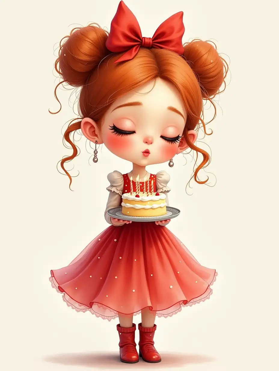 A caricatured tender funny girl in full growth, European appearance DreamWorks, reddish curls gathered in careless buns, drawing of eyelashes, closed eyes, rosy plump cheeks freckles, Funny blowing on candles with large plump lips. On her head is a large red bow, dressed in redfluffy airy dress with sequins, boots on her feet. Holds a beautiful cream cake with candles on a plate, watercolor, ink drawing, beautiful, 4k, high detail photorealistic airy realistic watercolor, photorealism, wide strokes, 