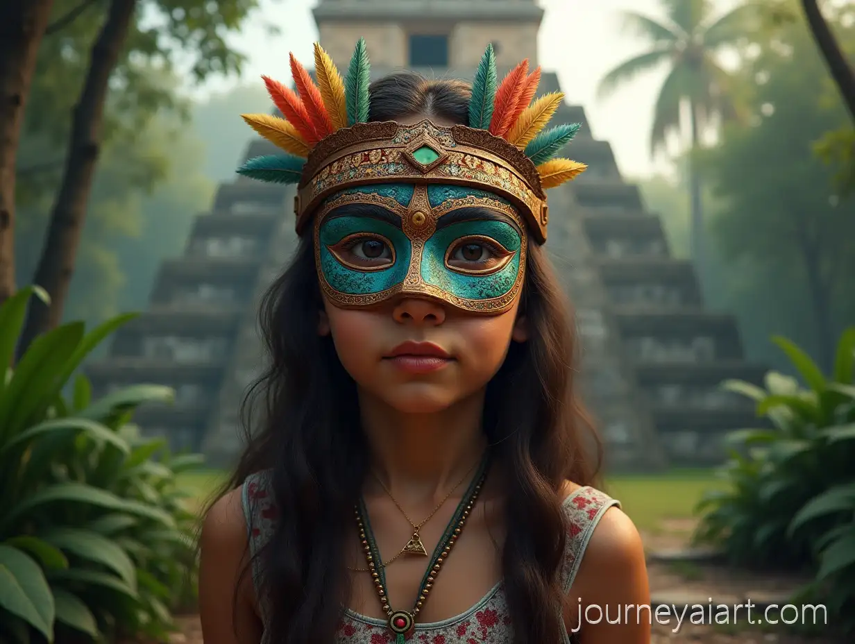 Photorealistic-Portrait-of-Girl-withGirl-with-Indian-Mask-Indian-Mask-in-Front-of-Mayan-Pyramid-and-Jungle